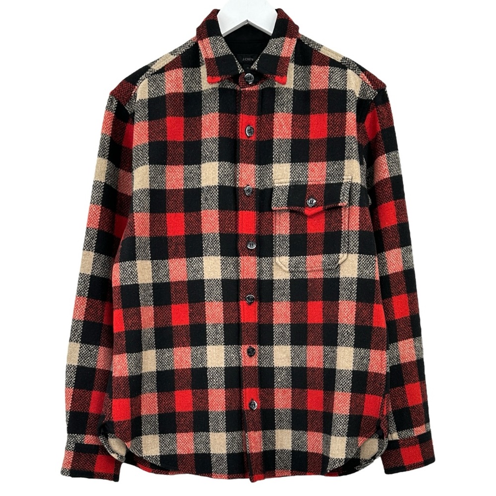 J.Crew Wool Flannel Red Black Cream Plaid Button Up Overshirt Shirt Jacket - M
